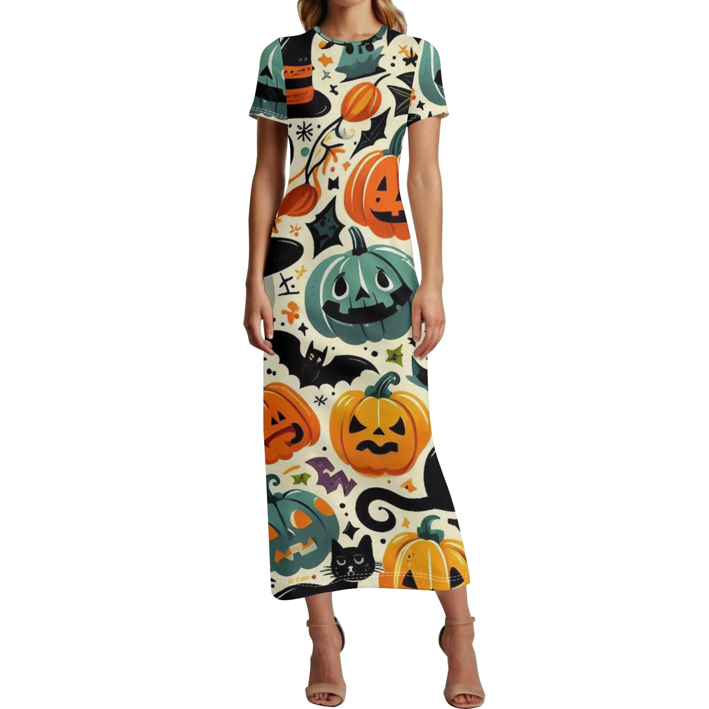 Womens Short Sleeve Dress Casual All Over Print Tshirt Long Dresses