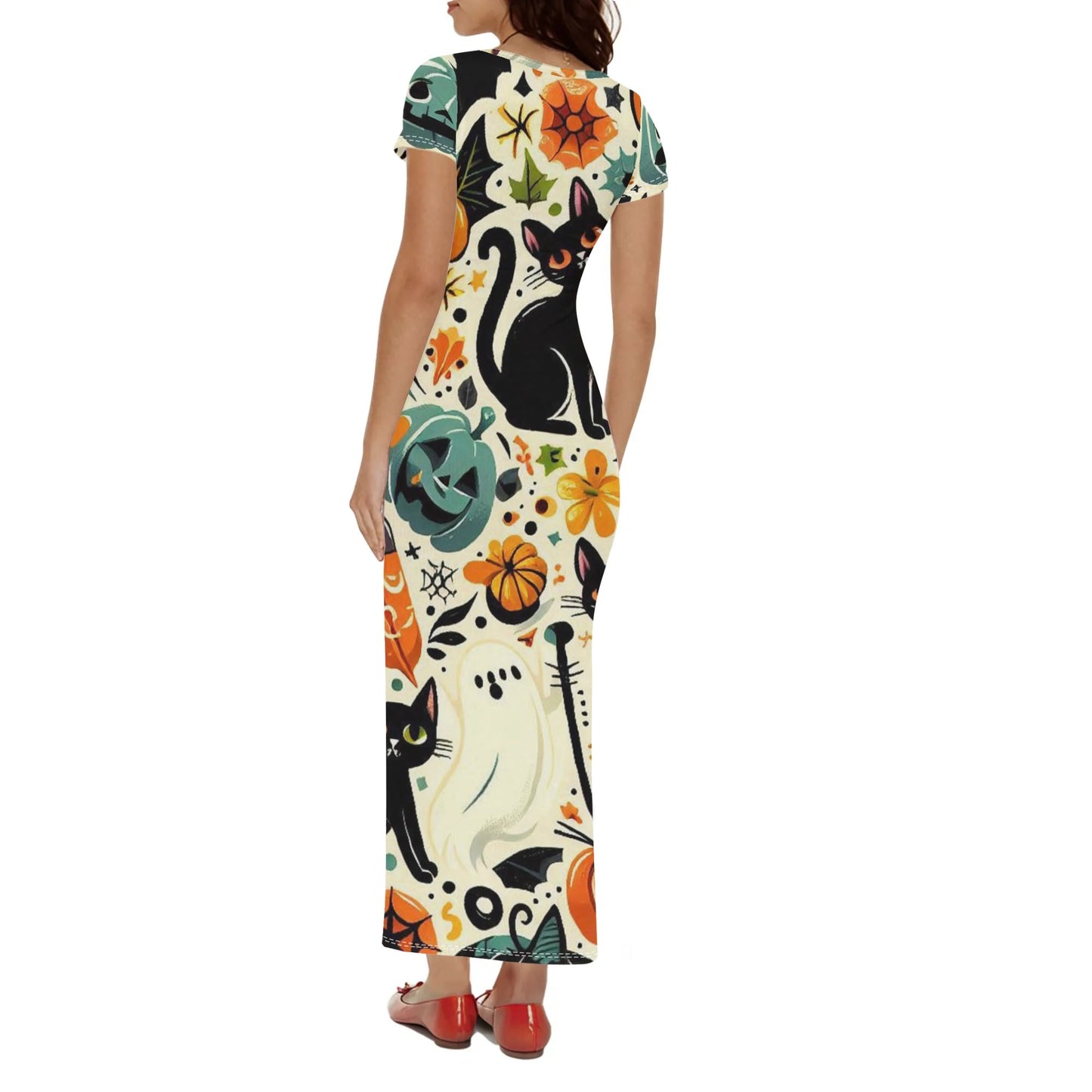 Womens Short Sleeve Dress Casual All Over Print Tshirt Long Dresses