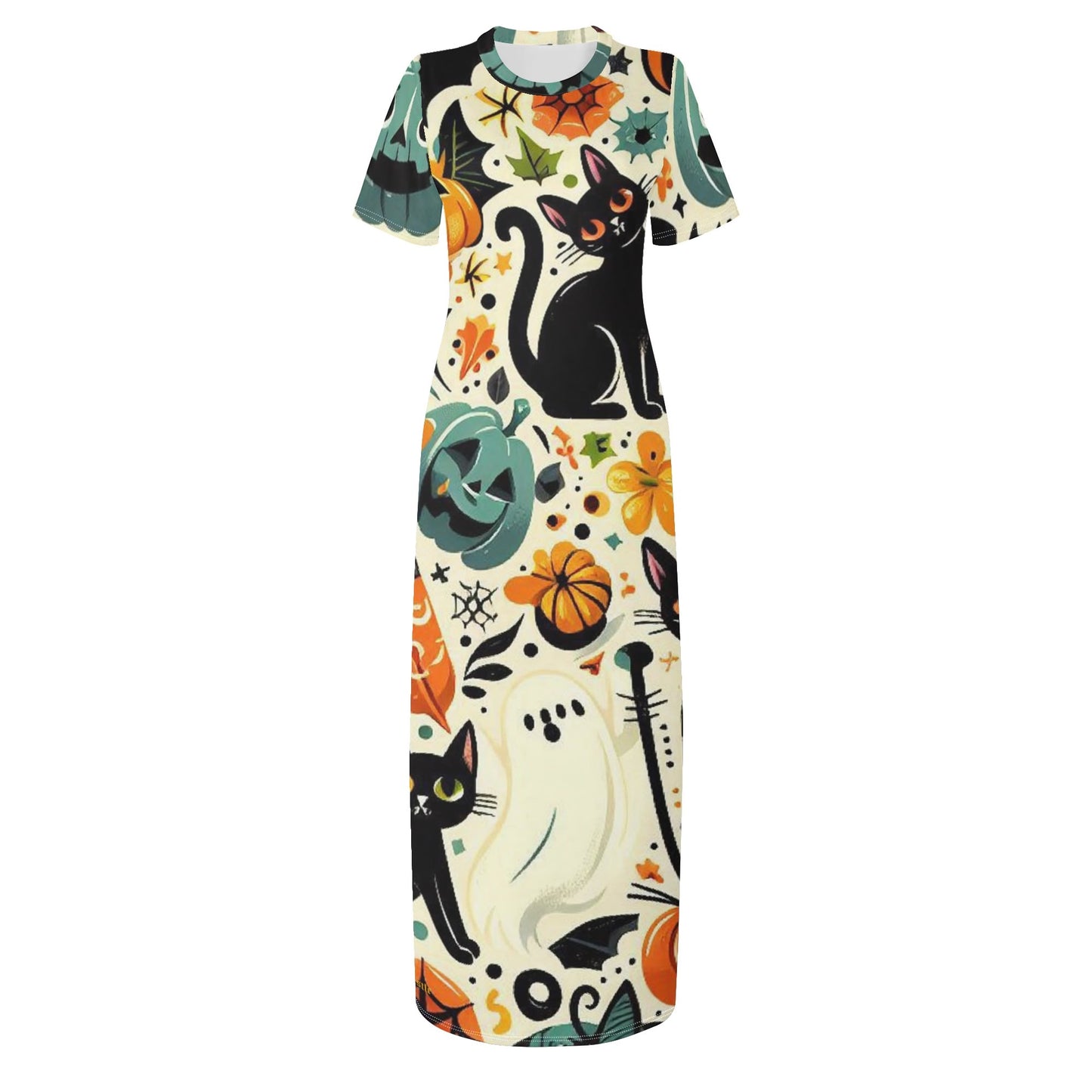 Womens Short Sleeve Dress Casual All Over Print Tshirt Long Dresses