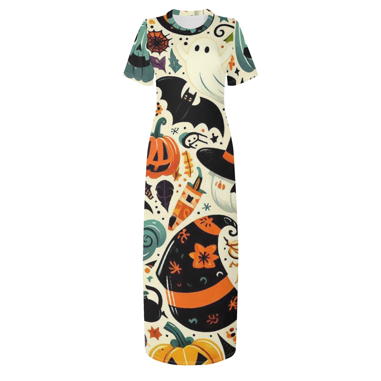 Womens Short Sleeve Dress Casual All Over Print Tshirt Long Dresses