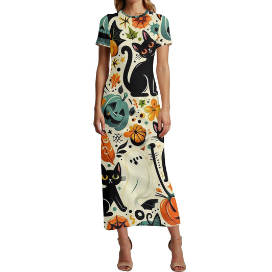 Womens Short Sleeve Dress Casual All Over Print Tshirt Long Dresses
