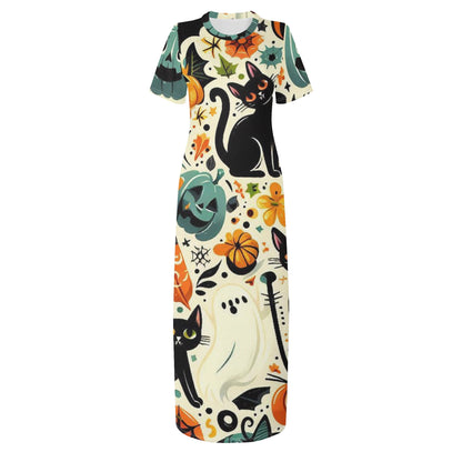 Womens Short Sleeve Dress Casual All Over Print Tshirt Long Dresses