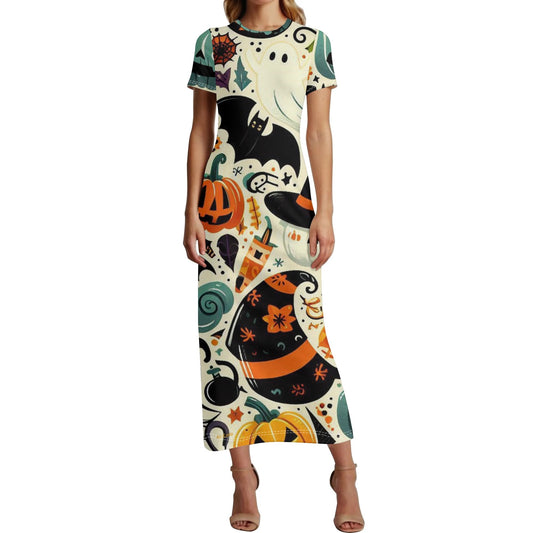 Womens Short Sleeve Dress Casual All Over Print Tshirt Long Dresses